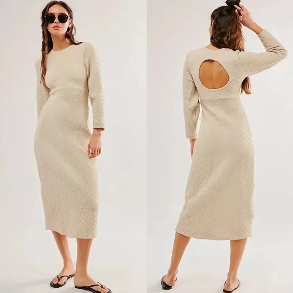 New! Free People Tan Gabby Seamless Long Sleeve Midi Dress NWOT 22134